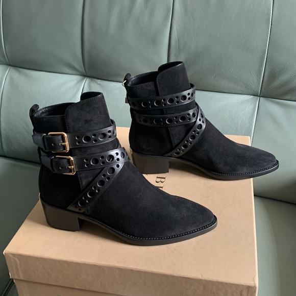 BURBERRY Black Suede Metal Logo Ankle Boots - Picture 12 of 15